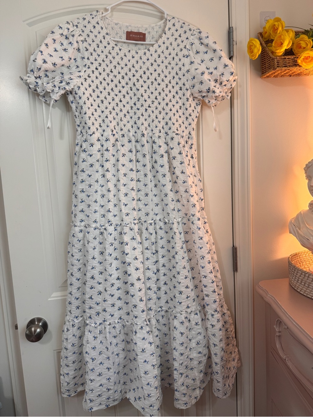 JessaKae White Dress with Blue Floral Smocking